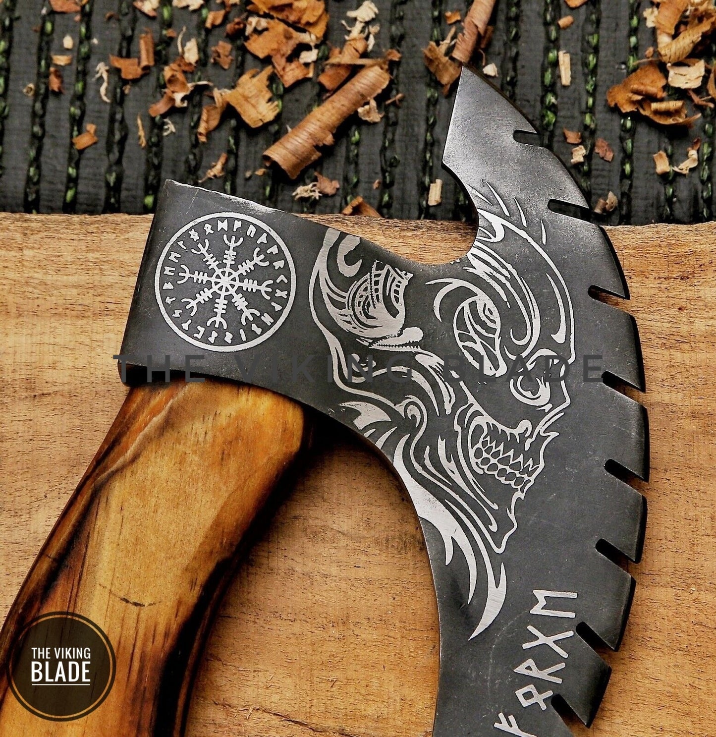 Viking style handmade pizza cutter axe with forged carbon steel blade, leather sheath and rustic wooden handle.