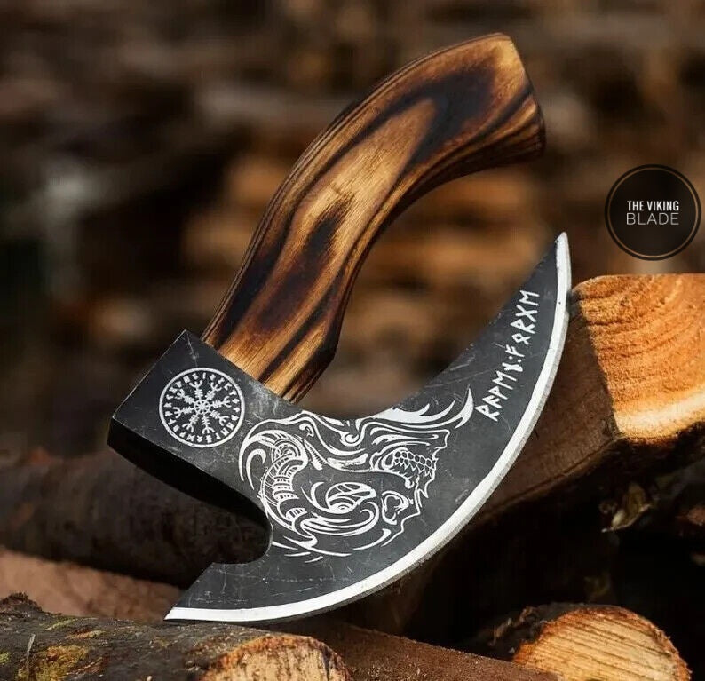 Viking style pizza axe cutter made of carbon steel with handmade wooden handle for durable kitchen use.