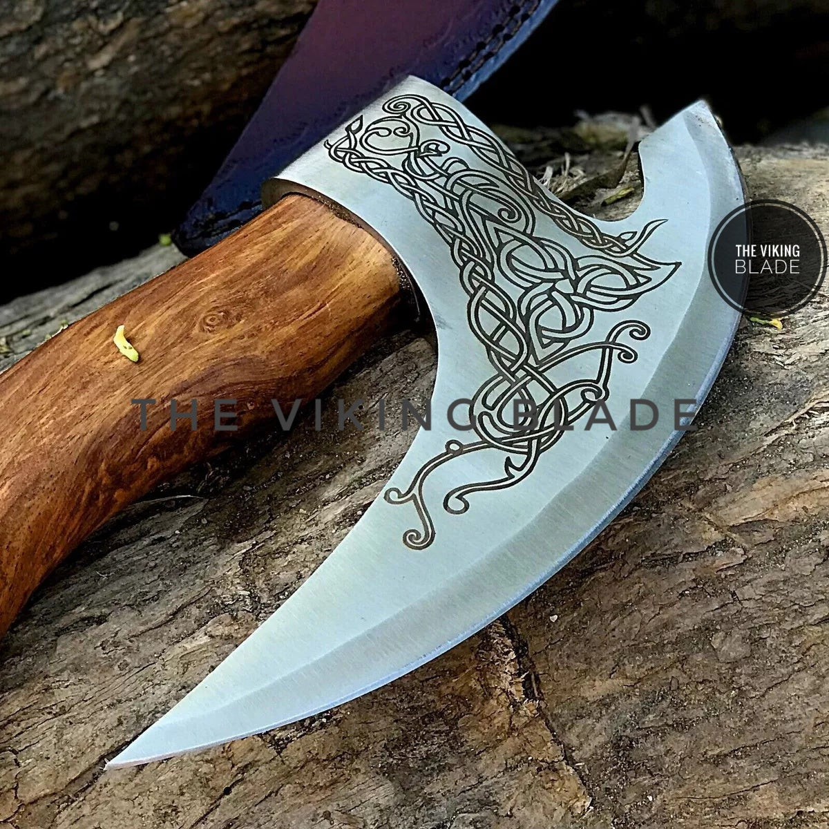 Viking Valhalla pizza axe cutter handmade with carbon steel blade and wooden handle for durable slicing performance.