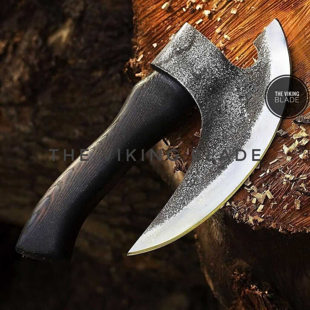 Viking Valhalla pizza axe cutter handmade carbon steel blade with wooden handle for kitchen and camping use.