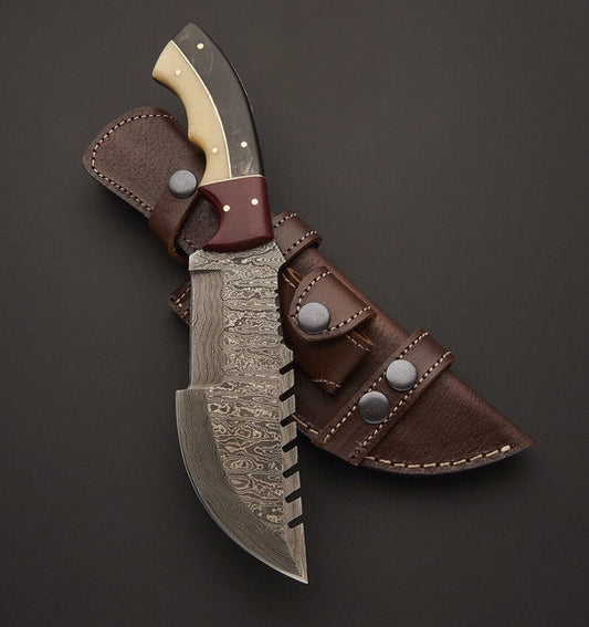 Custom Handmade Damascus Steel Tracker Knife Black Horn, White Bone, Red Micarta Sheet, Handled With Leather Sheath