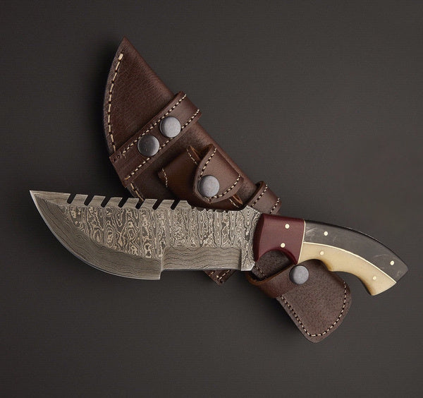 Custom Handmade Damascus Steel Tracker Knife Black Horn, White Bone, Red Micarta Sheet, Handled With Leather Sheath