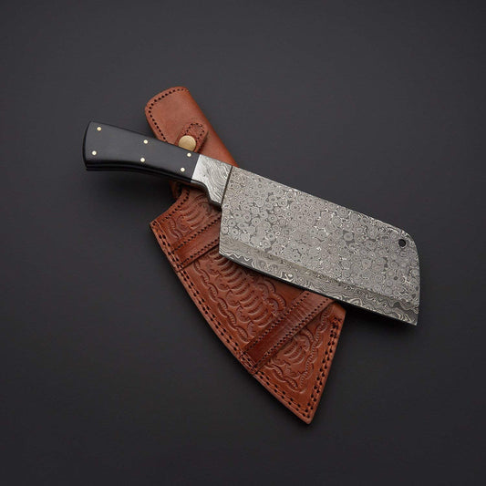 Handmade Damascus Steel Kitchen Chef Cleaver Chopper Knife With Leather Sheath