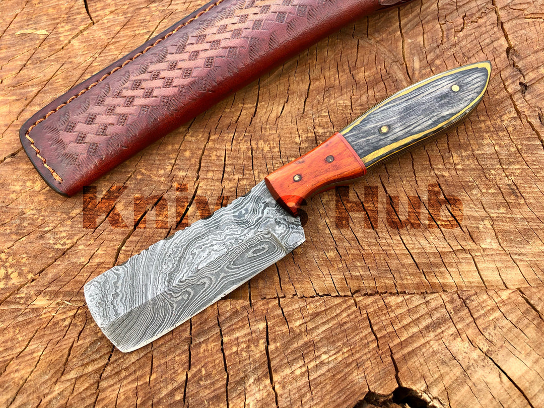 Hand Forged Bull Cutter Knife Custom Handmade Damascus Steel EDC Knife With Leather Sheath