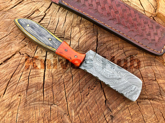 Hand Forged Bull Cutter Knife Custom Handmade Damascus Steel EDC Knife With Leather Sheath