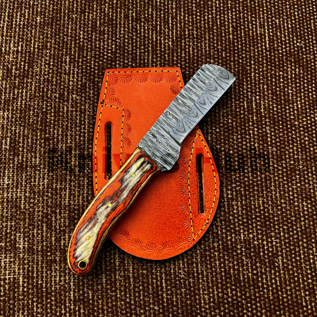 Custom Handmade Damascus Steel Cowboy Bull Cutter Knife With Leather Sheath Hunting Outdoor Knife