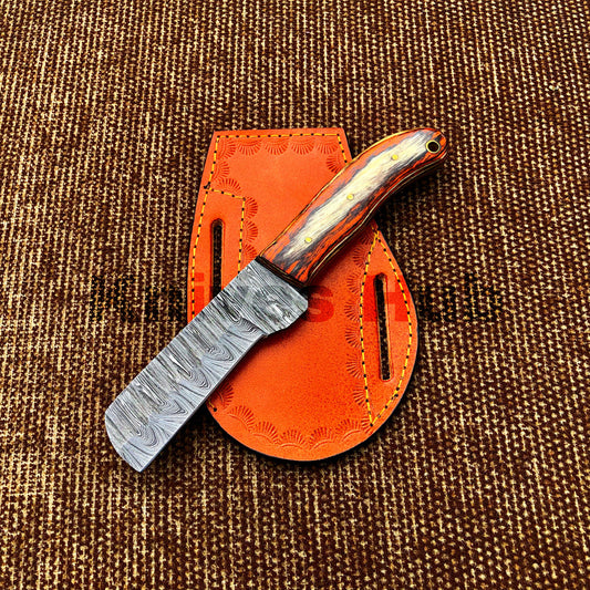 Custom Handmade Damascus Steel Cowboy Bull Cutter Knife With Leather Sheath Hunting Outdoor Knife