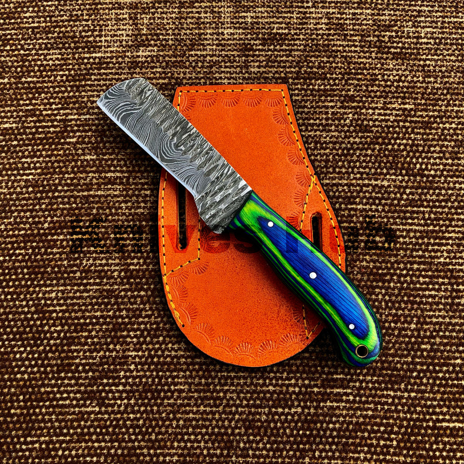 Custom Handmade Damascus Steel EDC Cowboy Bull Cutter Knife With Leather Sheath
