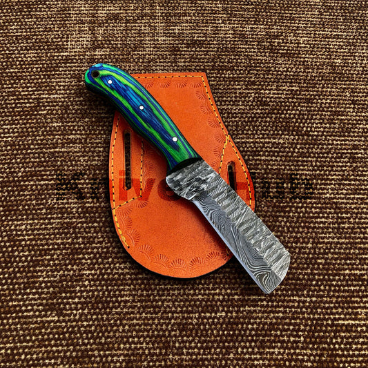 Custom Handmade Damascus Steel EDC Cowboy Bull Cutter Knife With Leather Sheath