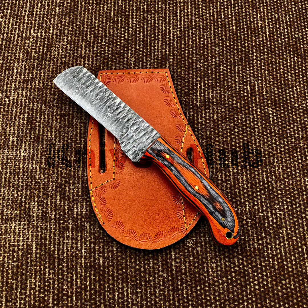 Custom Hand Forged Damascus Steel EDC Cowboy Bull Cutter EDC Knife With Leather Sheath
