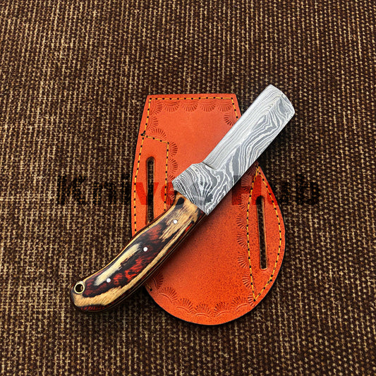 Hand Forged Damascus Steel Cowboy Bull Cutter Hunting Outdoor Skinning Knife With Leather Sheath
