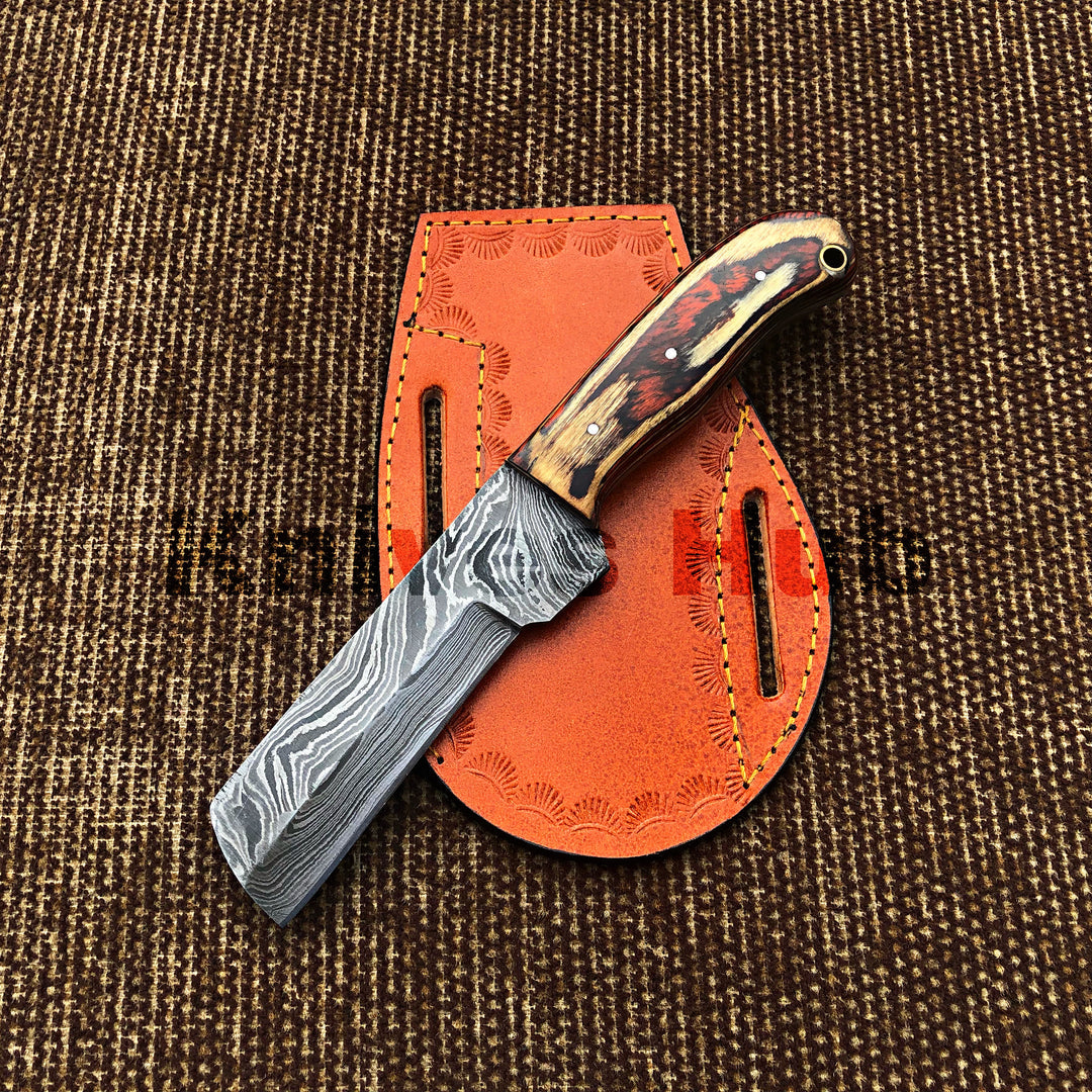 Hand Forged Damascus Steel Cowboy Bull Cutter Hunting Outdoor Skinning Knife With Leather Sheath