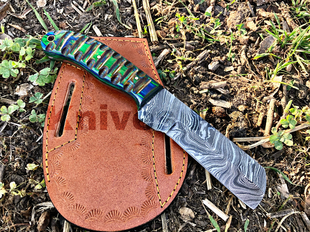 Custom Handmade Bull Cutter Knife Hand Forged Damascus EDC Knife With Leather Sheath