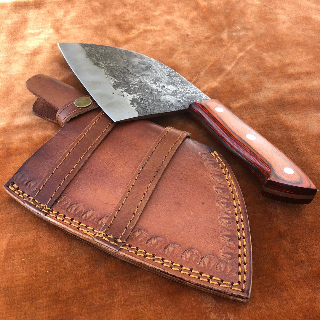 Handmade Damascus Steel Cleaver Chef Knife With Leather Sheath