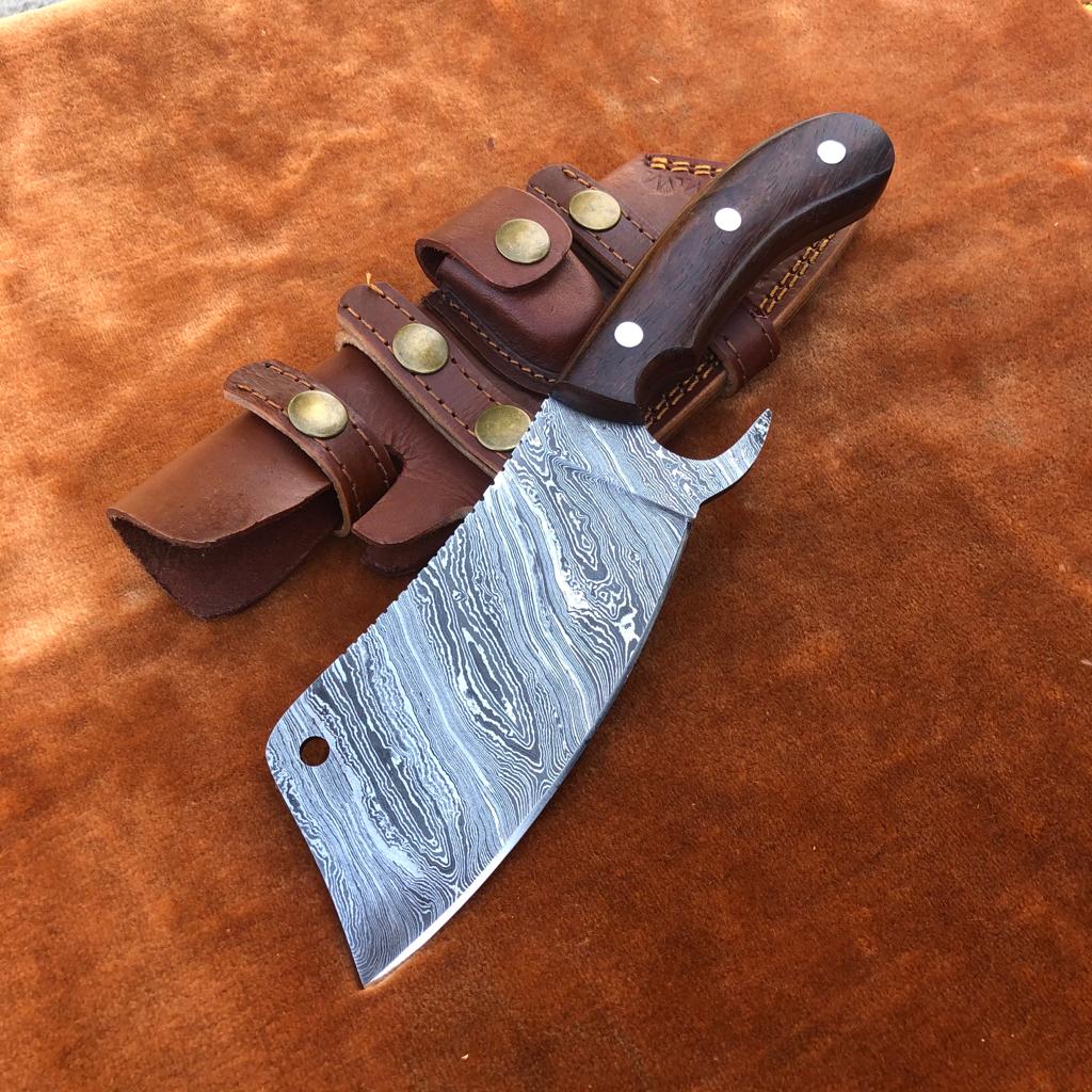 Handmade Damascus Steel Cleaver Chef Knife With Leather Sheath