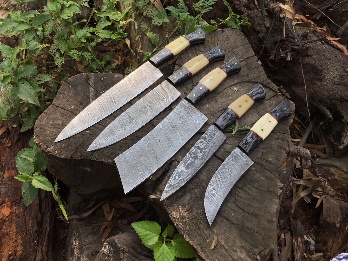 Hand Forged Damascus Steel Kitchen Knives Chef Set With Leather Roll Kit