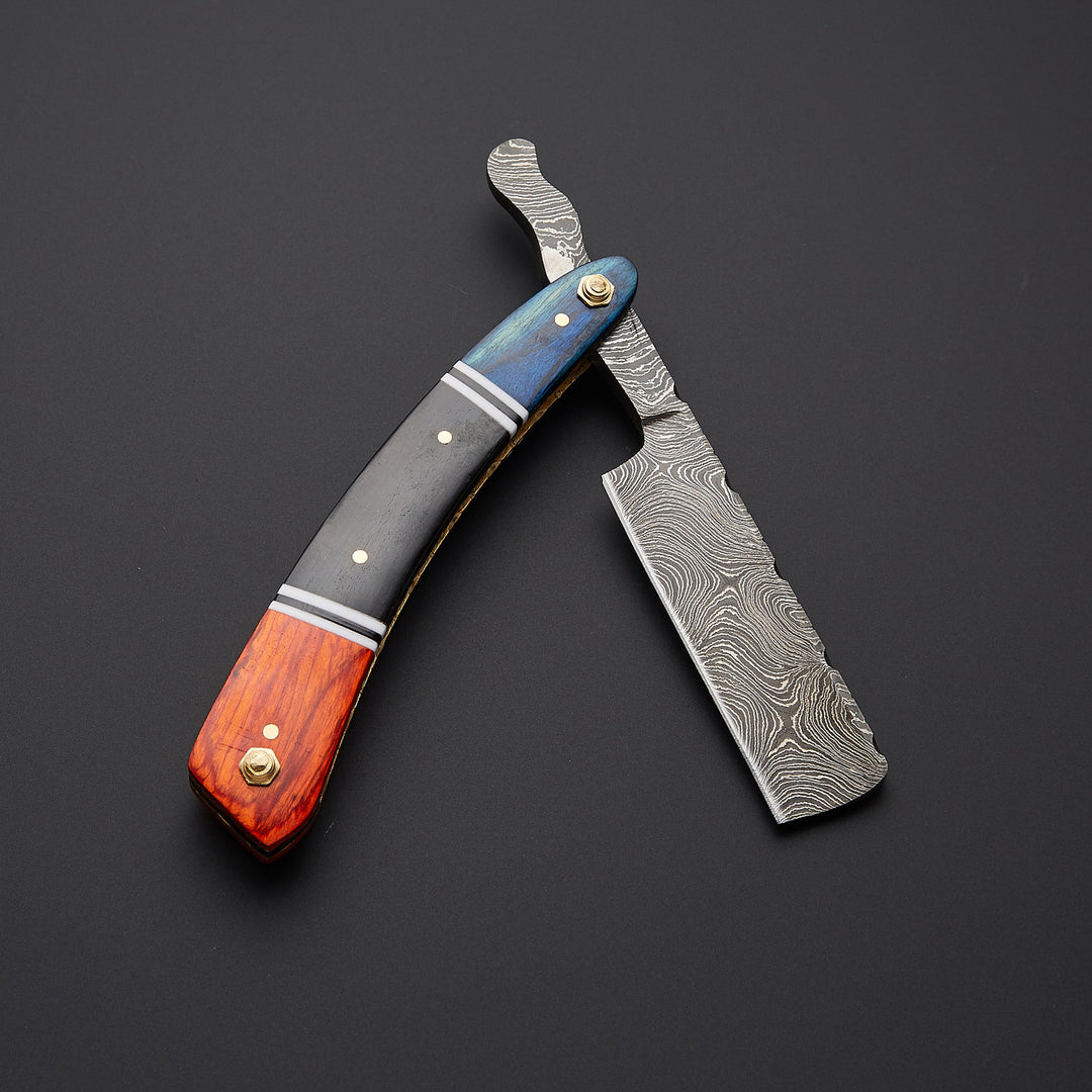 Luxury Damascus steel barber straight razor paired with high-quality leather sheath for safe storage and professional grooming use.