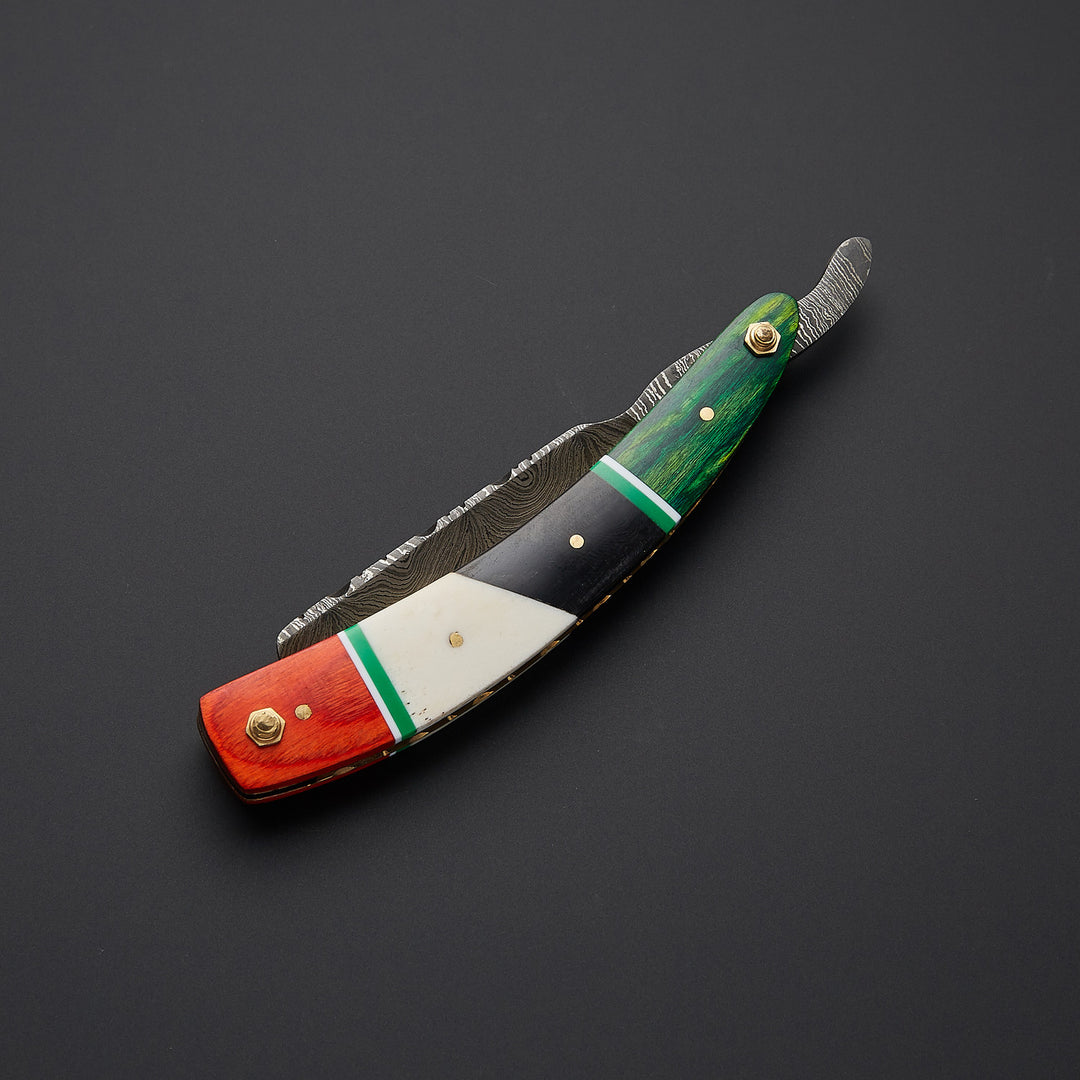 Handmade Damascus steel straight razor shown in open and closed positions highlighting folding design and premium metal craftsmanship.