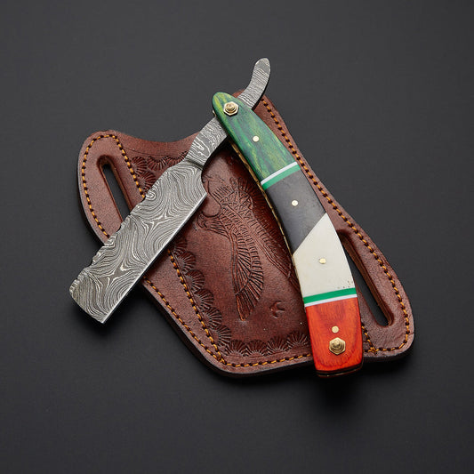 Premium handmade Damascus steel straight razor with sharp straight edge blade and detailed craftsmanship designed for professional wet shaving.