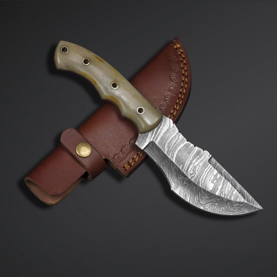 Custom Handmade Damascus Steel Tracker Knife With Leather Sheath
