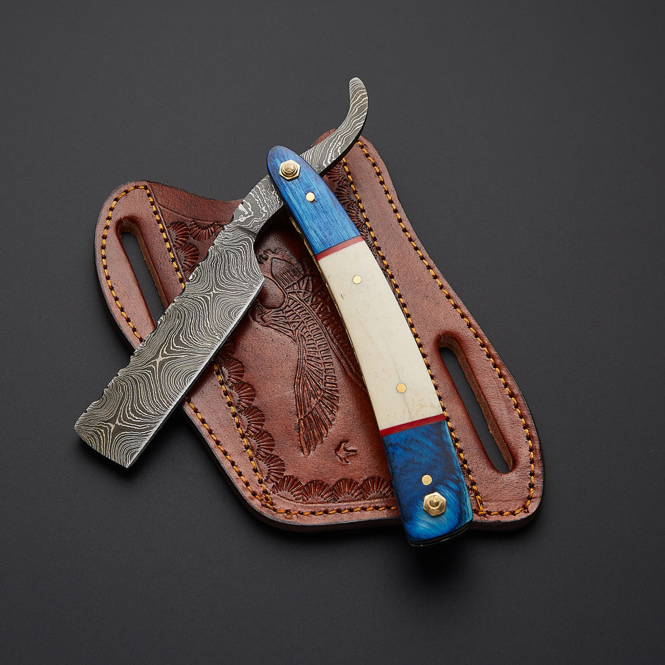 Premium handmade Damascus steel cut throat straight razor with sharp blade and elegant handle designed for professional wet shaving.