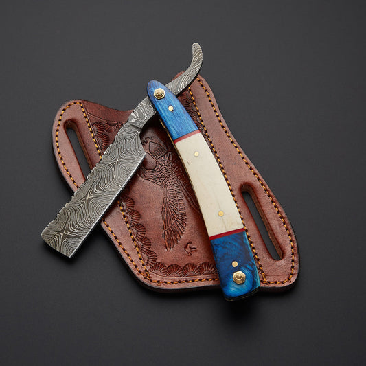 Premium handmade Damascus steel cut throat straight razor with sharp blade and elegant handle designed for professional wet shaving.