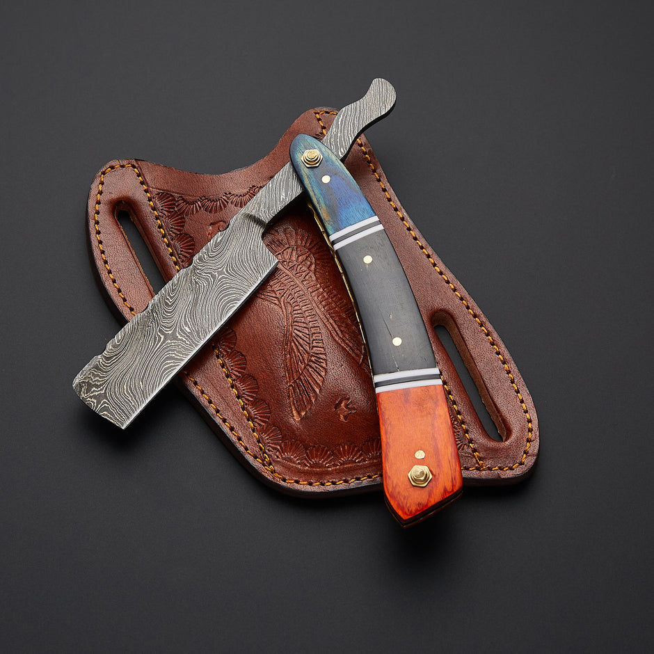 Premium handmade Damascus steel cut throat straight razor featuring sharp blade and elegant handle designed for professional wet shaving.