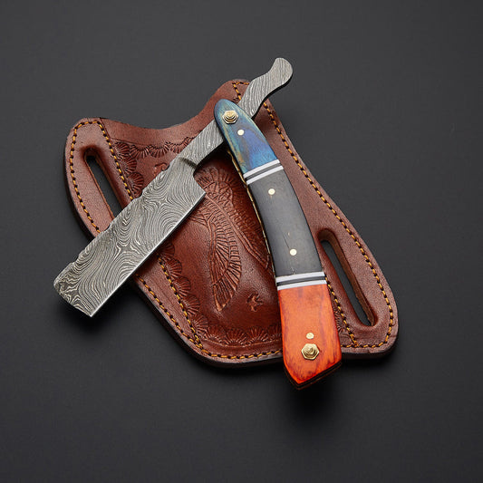 Premium handmade Damascus steel cut throat straight razor featuring sharp blade and elegant handle designed for professional wet shaving.