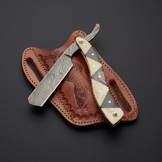 Premium handmade Damascus steel cut throat razor featuring sharp straight edge blade and elegant handle designed for professional barber shaving.