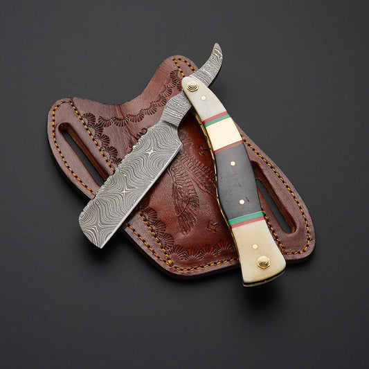 Professional handmade Damascus steel straight razor featuring sharp straight edge blade and premium polished handle for barber use.