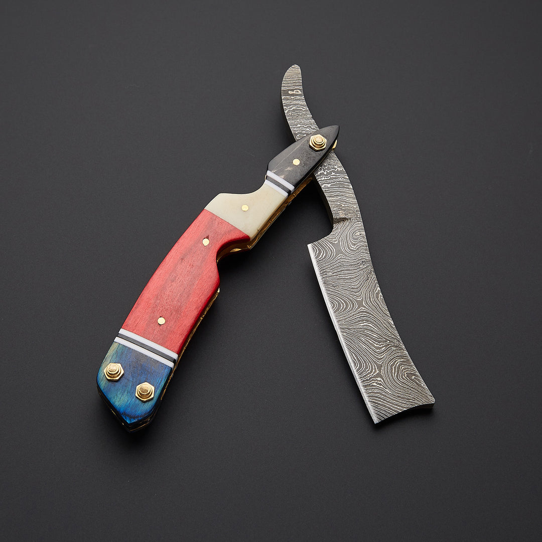 Custom Damascus Steel Straight Razor with Leather Sheath