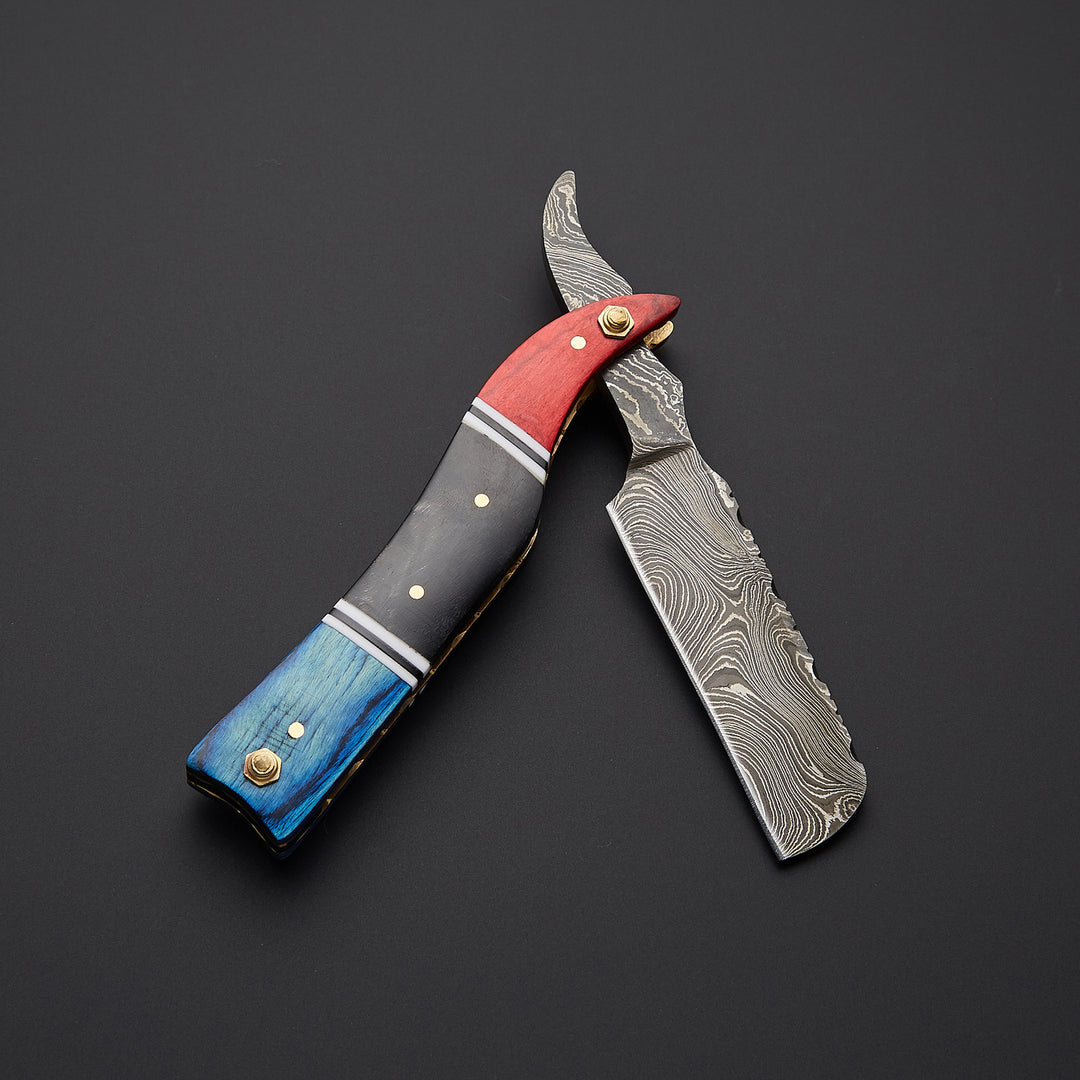 Luxury handmade barber straight razor displayed with high-quality leather sheath for safe storage and professional grooming use.