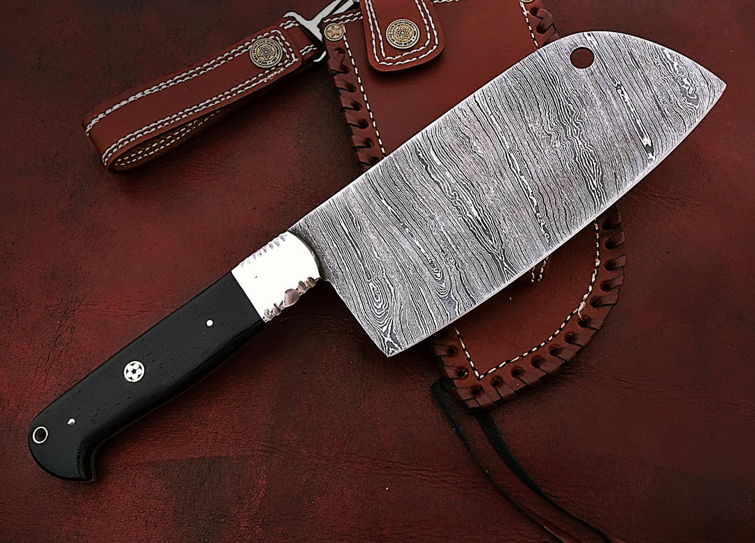 Handmade Damascus Steel Cleaver Knife With Leather Sheath
