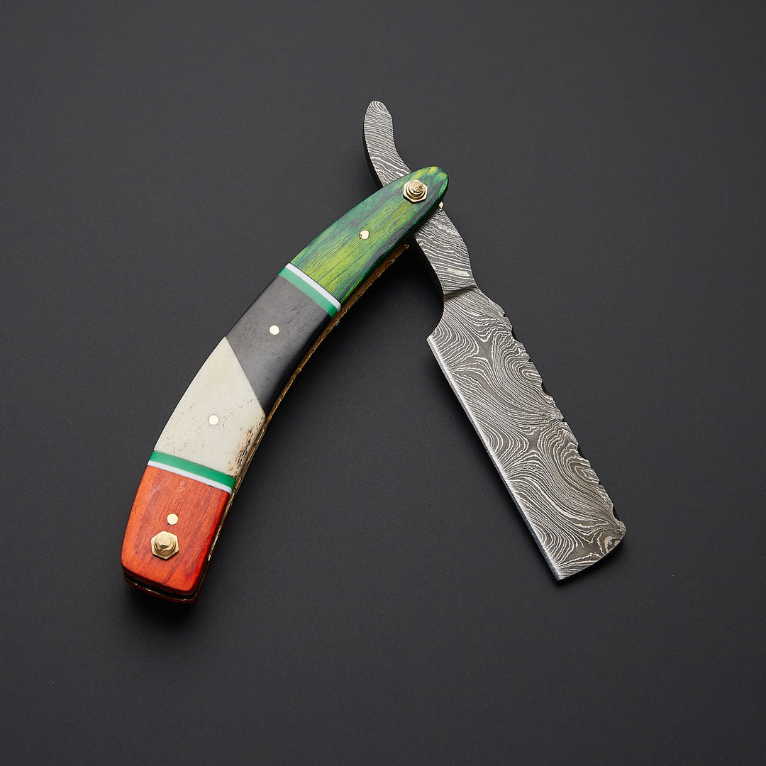 Luxury Damascus steel barber straight razor displayed with high-quality leather sheath for safe storage and professional grooming use.