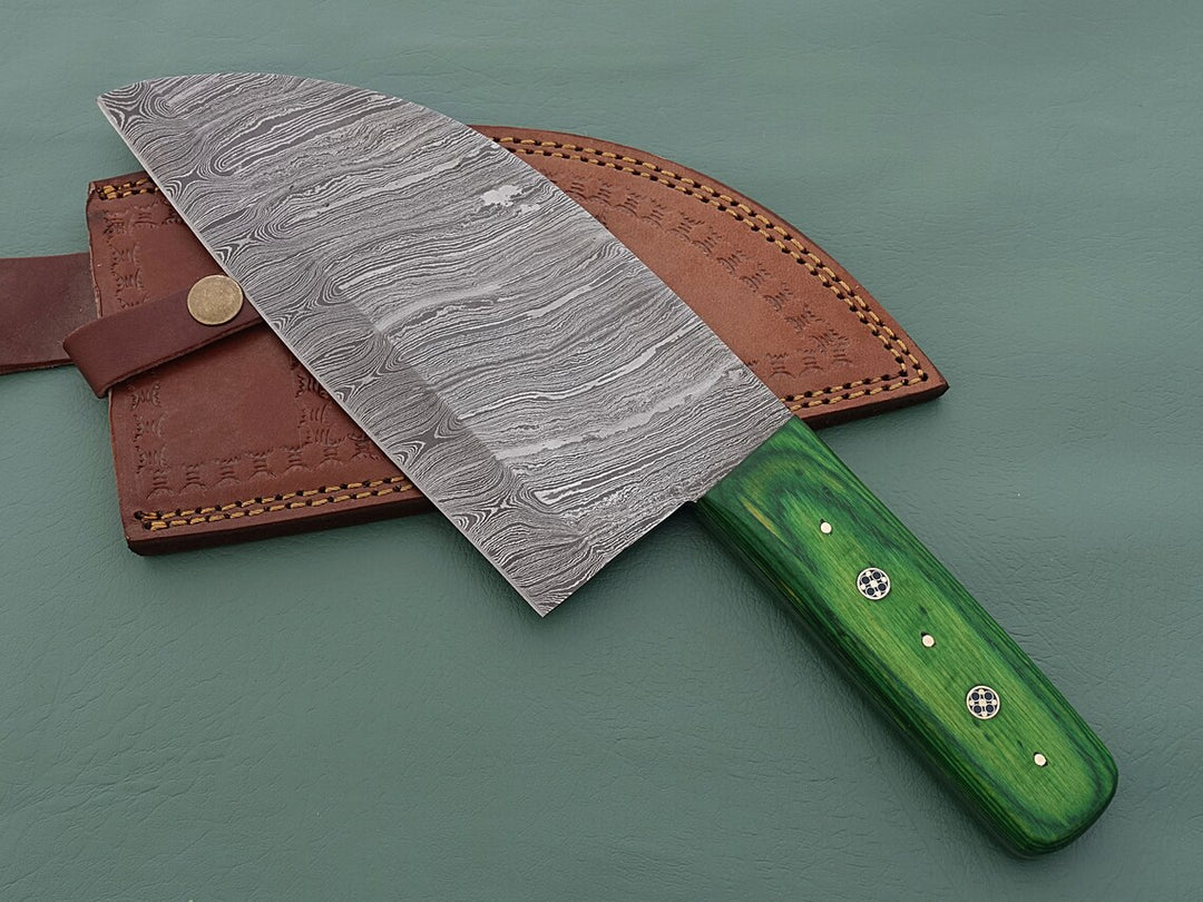 Handmade Damascus Serbian knife with Green Pakka Wood Handle kitchen knife
