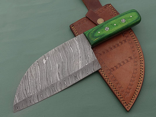 Handmade Damascus Serbian knife with Green Pakka Wood Handle kitchen knife