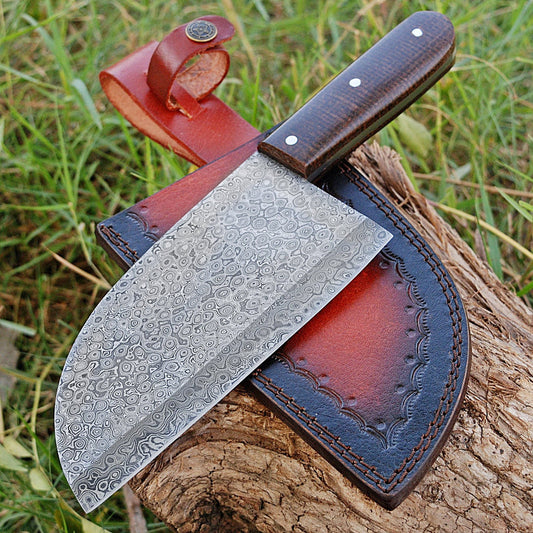 Handmade Damascus Steel Full Tang Serbian Cleaver Knife With Leather Sheath