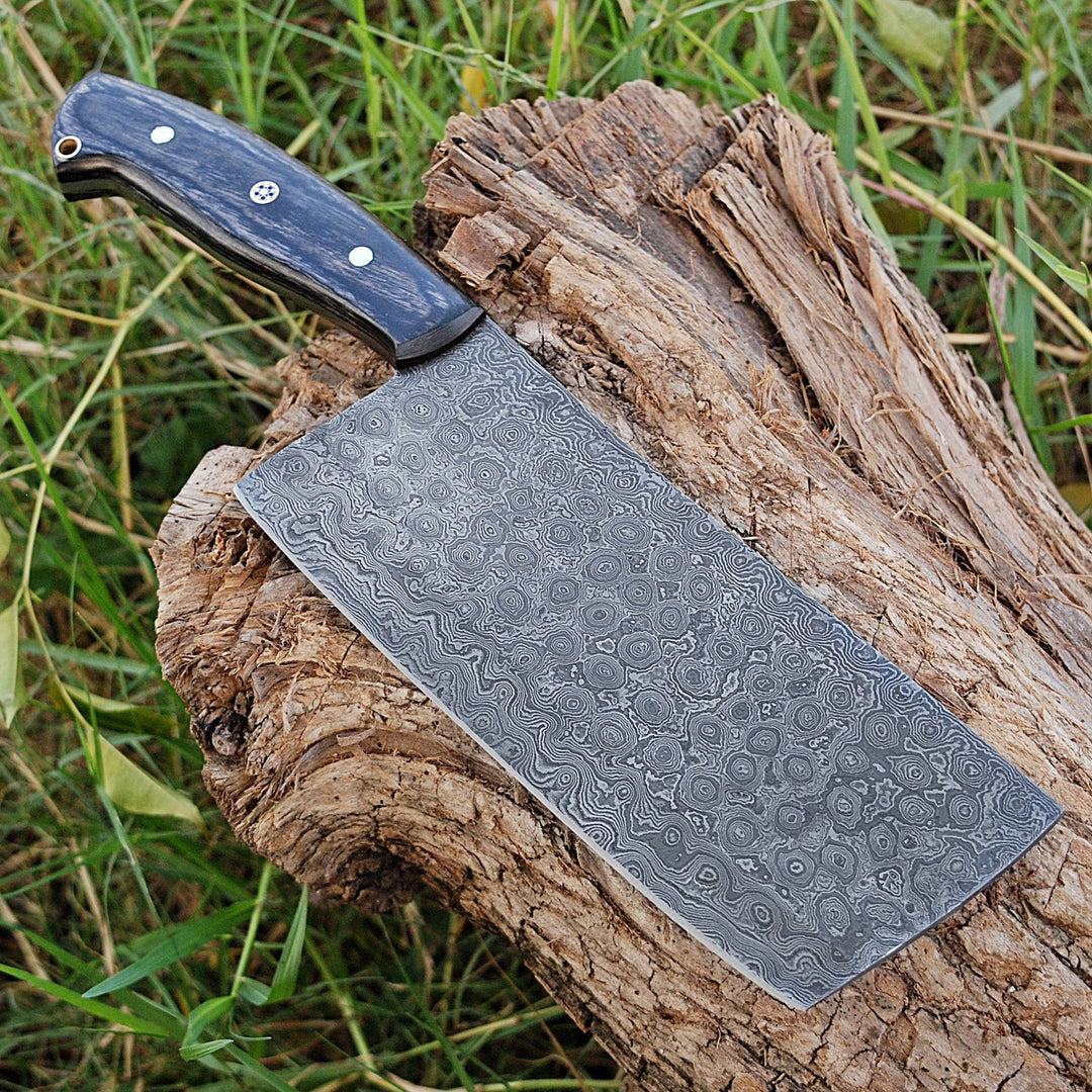 Hand Forged Damascus Steel Full Tang Cleaver Knife With Leather Sheath