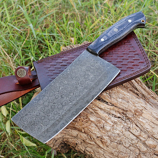 Hand Forged Damascus Steel Full Tang Cleaver Knife With Leather Sheath