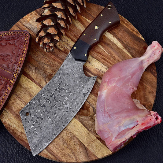 Custom Handmade Damascus Steel Rain Drop Full Tang Cleaver Kitchen Chef Knife With Leather Sheath