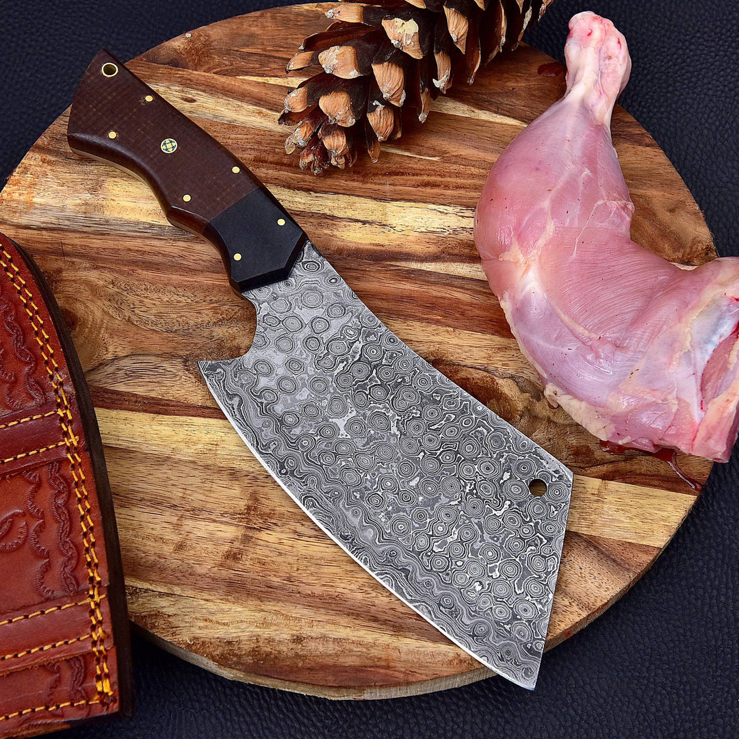 Custom Handmade Damascus Steel Rain Drop Full Tang Cleaver Kitchen Chef Knife With Leather Sheath