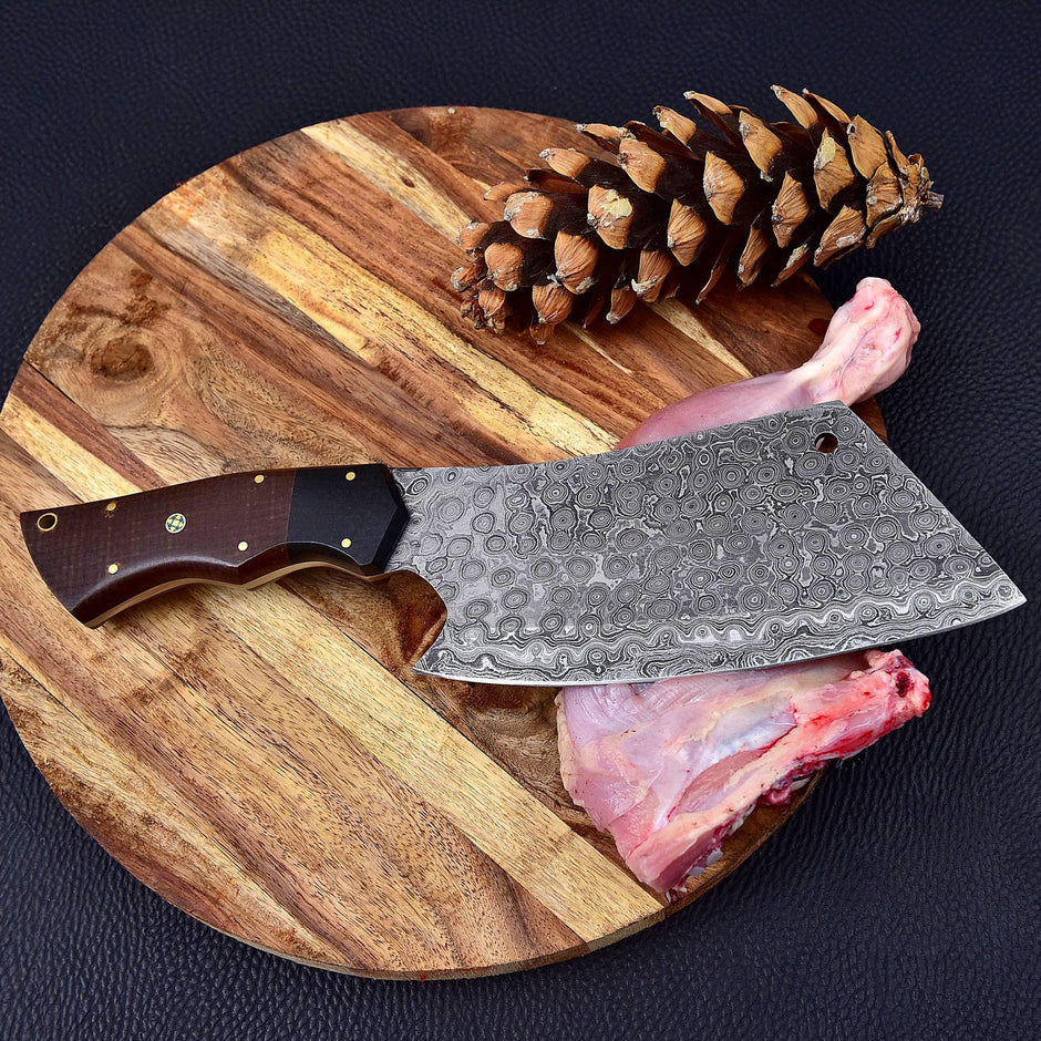 Custom Handmade Damascus Steel Rain Drop Full Tang Cleaver Kitchen Chef Knife With Leather Sheath