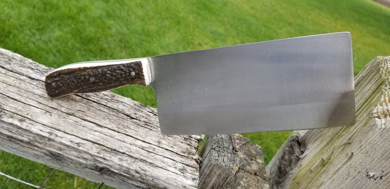 Custom Forged Handmade Full Tang Fixed Blade Meat Cleaver Knife Paired With Elk Stag Antlers