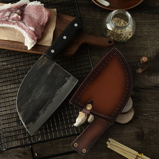 Full Tang Handforge Kitchen Chef Knife High Carbon Clad Steel Butcher Cleaver with PU Leather Knife Sheath