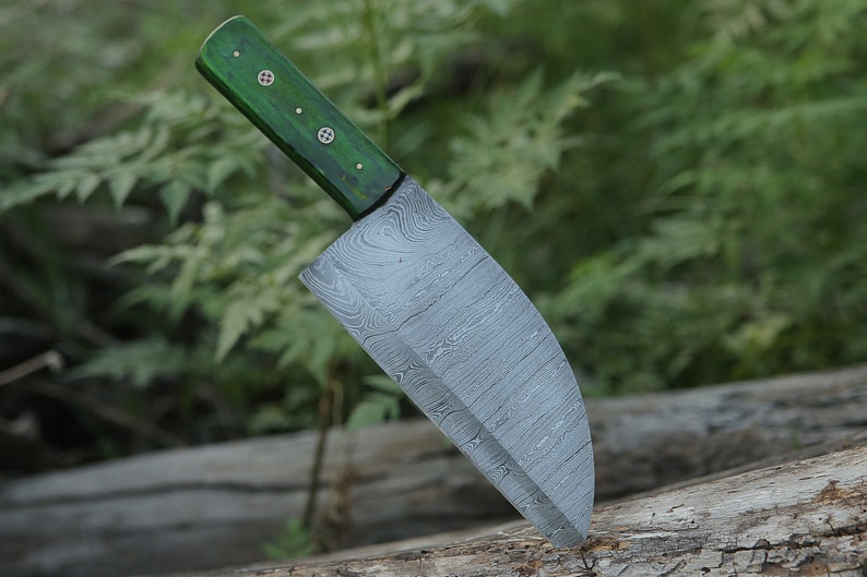 Handmade Damascus Serbian Cleaver with Green Dollar Sheet Kitchen Knife With Leather Sheath