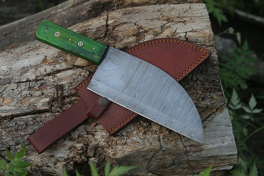 Handmade Damascus Serbian Cleaver with Green Dollar Sheet Kitchen Knife With Leather Sheath
