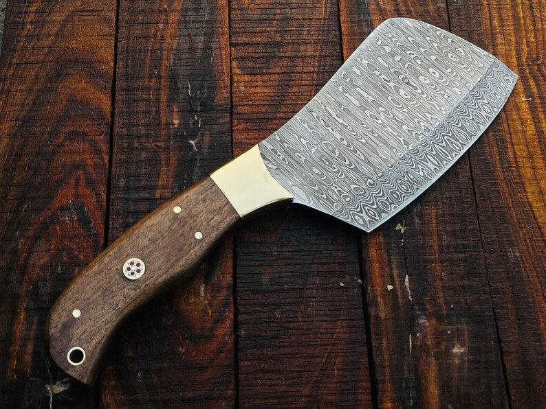 Kitchen Knife-Handmade Damascus Steel Cleaver/ Axe- Wood Handle, Brass Spacer-Leather sheath-File work