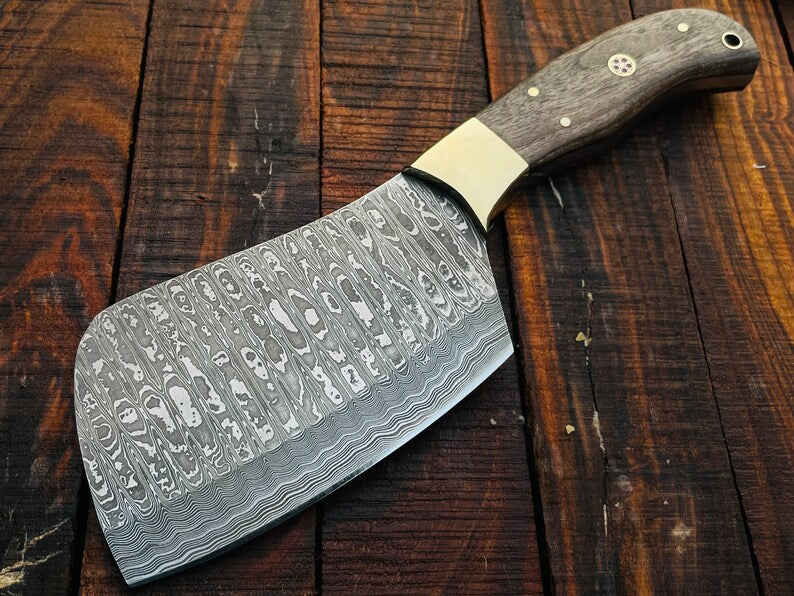 Kitchen Knife-Handmade Damascus Steel Cleaver/ Axe- Wood Handle, Brass Spacer-Leather sheath-File work