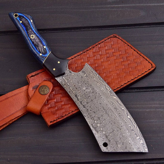 Custom handmade Damascus Cleaver Steel with free leather cover