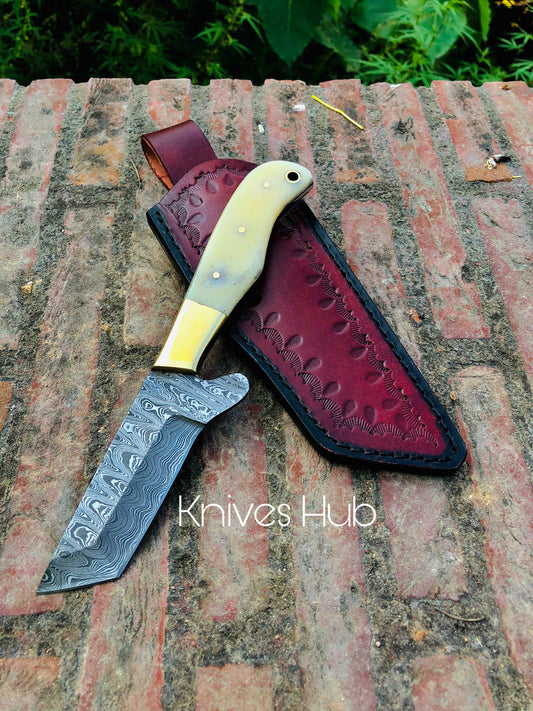Handmade Damascus Steel Bull Cutter knife with leather sheath